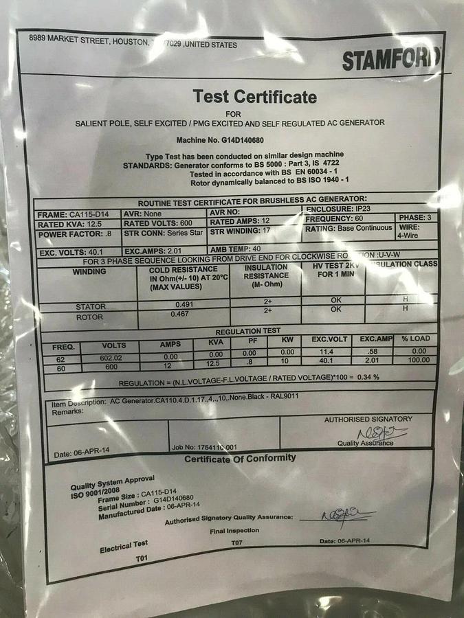 New 10kW Stamford Alternator CA115-D14 600V Generator For C10-D6 | P/N: A045L962