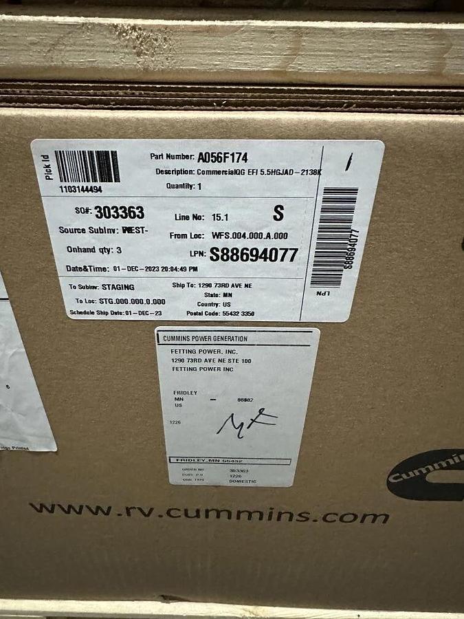 Used 5.5kw Cummins QG5500 EFI Mobile Gasoline Generator 5.5HGJAD-2138K - PN: A056F174