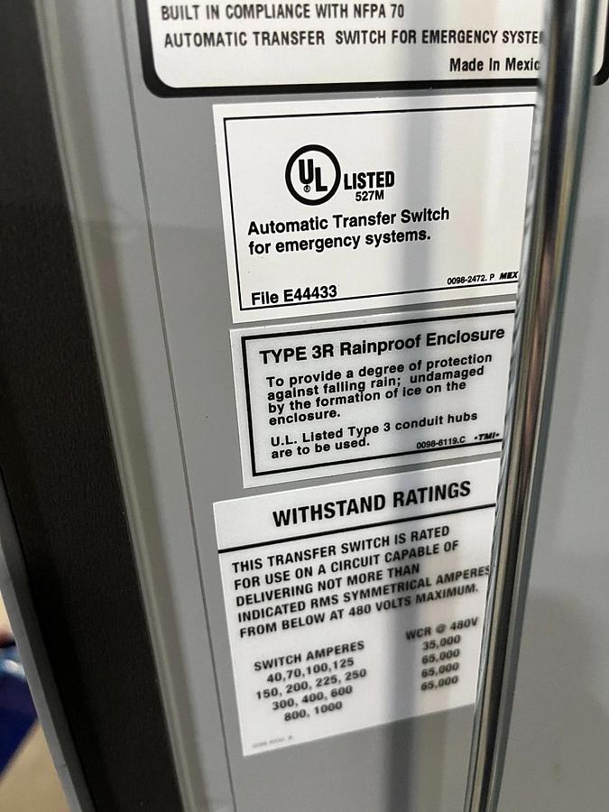 Used 200A 480VAC Cummins OTECSEB Spec. C Automatic Transfer Switch - S/N: E23M232923