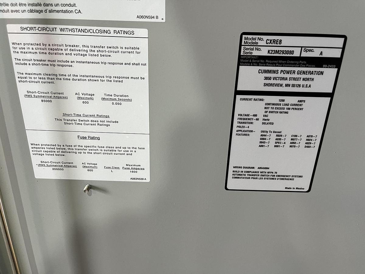 New 1200 Amp 480VAC Cummins CXRE8 Spec. A Automatic Transfer Switch - S/N: K23M293080