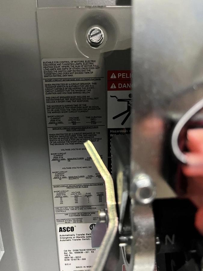 Used New ASCO 100 Amp 480V Automatic Transfer Switch - S/N: 1661220 RE