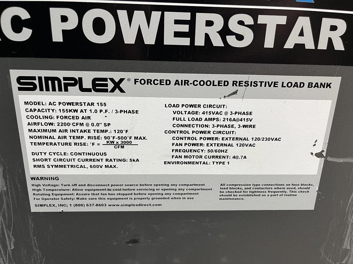 Used 150kW Load Bank | Simplex AC Powerstar 155 Forced Air-Cooled | 480V 3Ph
