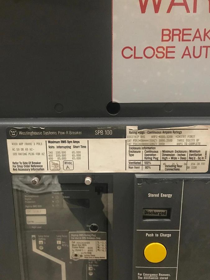 Used Westinghouse SPB100 4,000 Amp Circuit Breaker w/ Rack | 3 Pole 60Hz