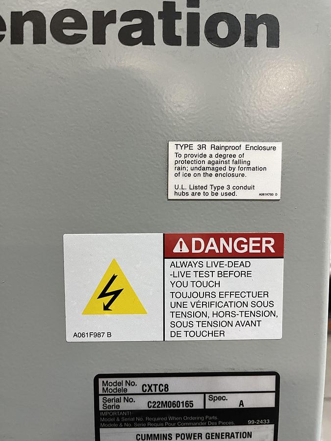 New 300 Amp 480VAC Cummins CXTC8 Spec. A Automatic Transfer Switch - S/N: C22M060165
