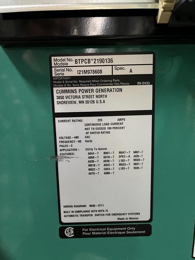 225 Amp 480VAC Cummins BTPCB Spec. A Automatic Transfer Switch - S/N: I21M978608