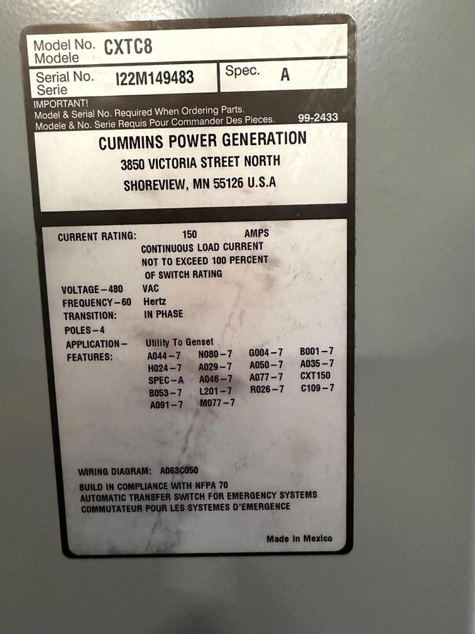 150A - 480V Cummins CXTC8 Automatic Transfer Switch  - I22M149483