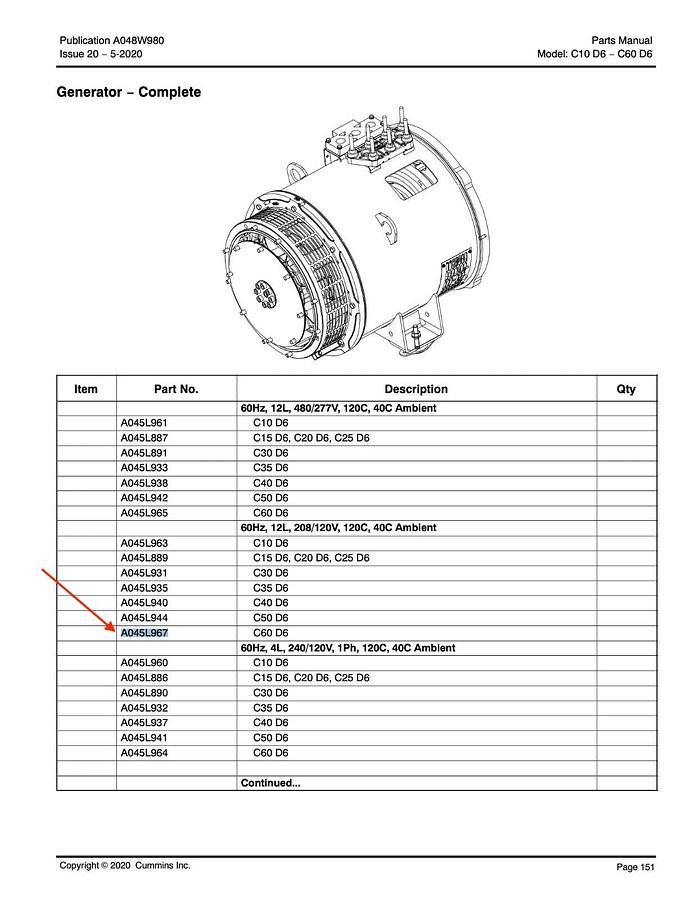 Used New 41kW Stamford Alternator CA125-L14 208V 3PH | P/N: A045L967 C60D6 C50D6