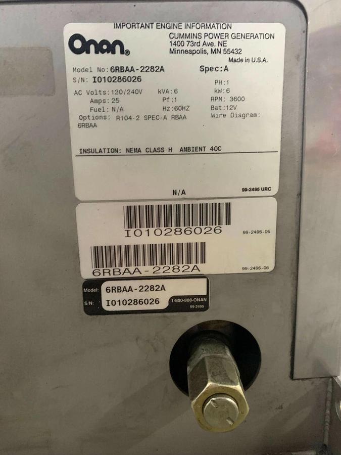 Used Used 6kW Cummins Onan Hydraulic Generator 120/240V 6RBAA-2282A | S/N: I010286026