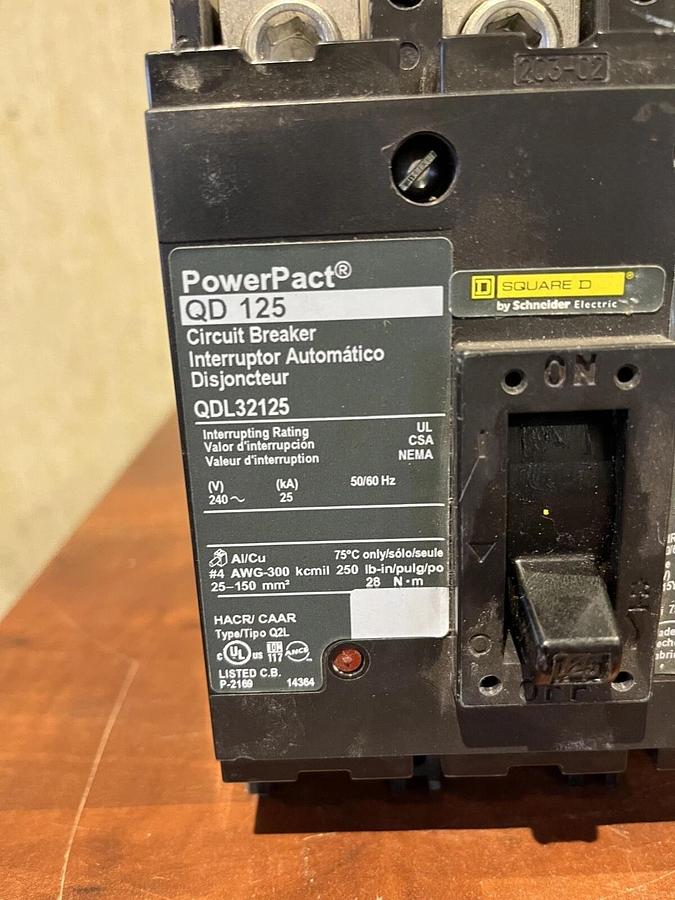 Used 125 Amp Square D PowerPact QD125 Circuit Breaker - QDL31225