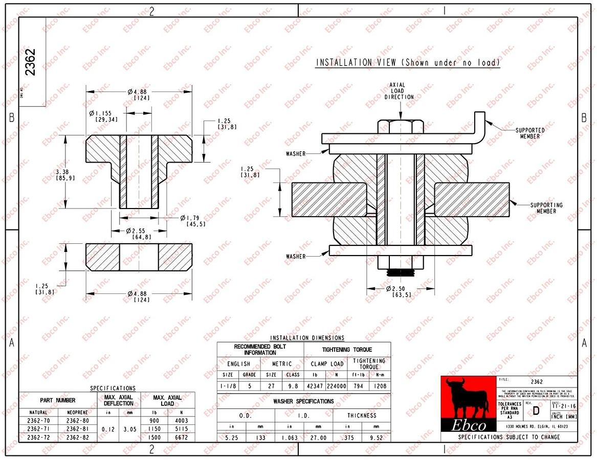 Used Ebco 2-Piece Center Bonded Vibration Isolator 1500 lb. Load | 2362-82 A043H234