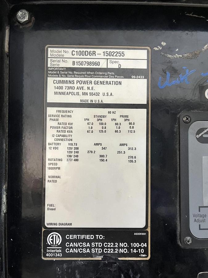 100kw Cummins C100D6R Spec. D Mobile Diesel Generator - S/N: B150798960