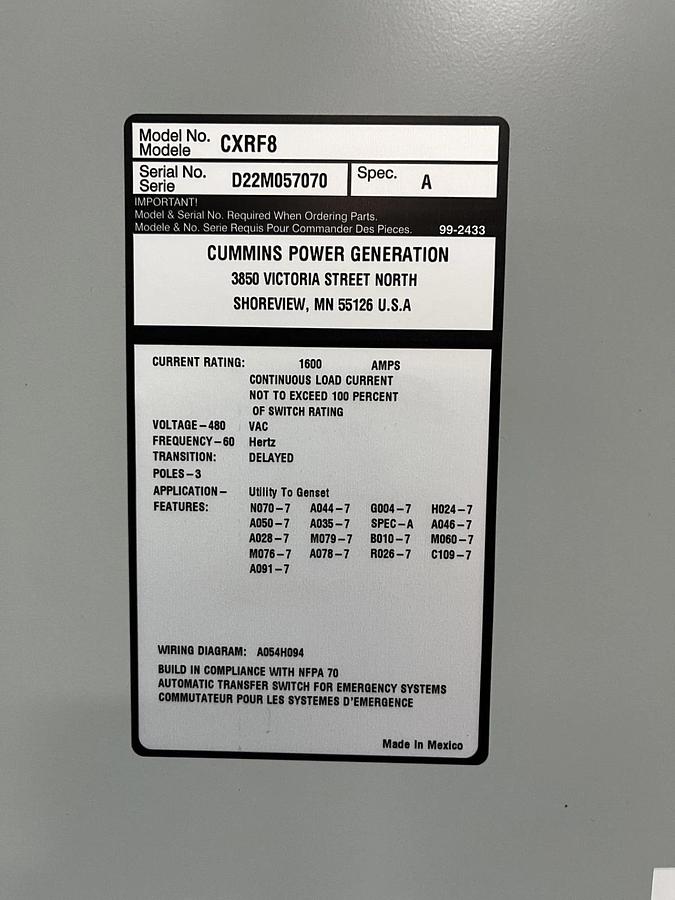 Used New 1600 Amp 480VAC Cummins CXRF8 Automatic Transfer Switch - S/N: D22M057070
