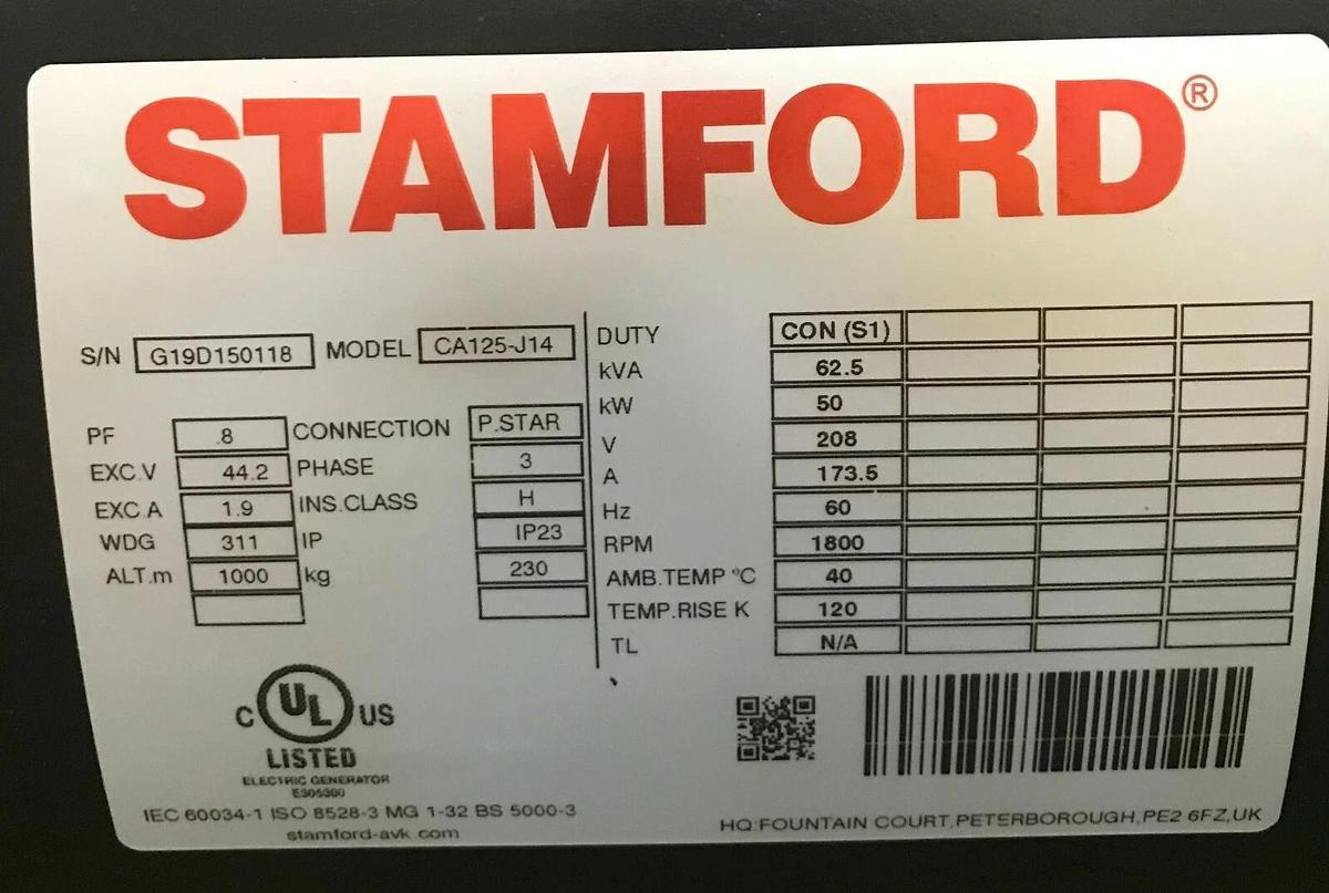 Used New 50kW Stamford Alternator CA125-J14 208V 3PH | P/N: A045L944 C40D6 C50D6