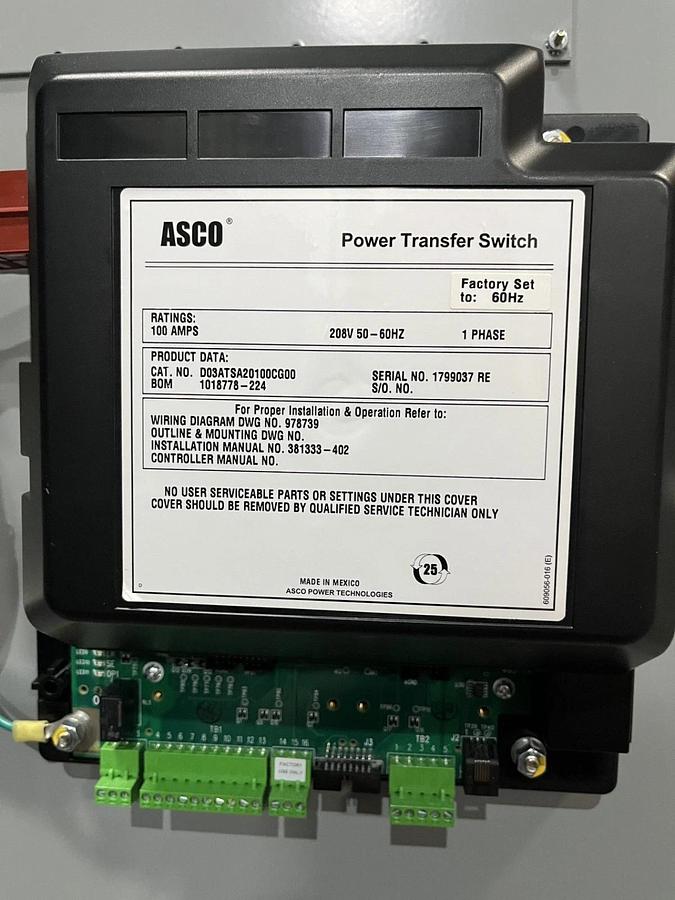 Used 100A 208V ASCO D03AUSA20100CGXM Automatic Transfer Switch - S/N: 1795845RE