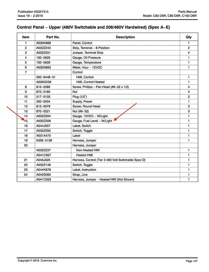 Used Cummins A032Z208 Fuel Level Gauge 2 Inch | Faria GP0707A C100D6R C200D6R C300D6R
