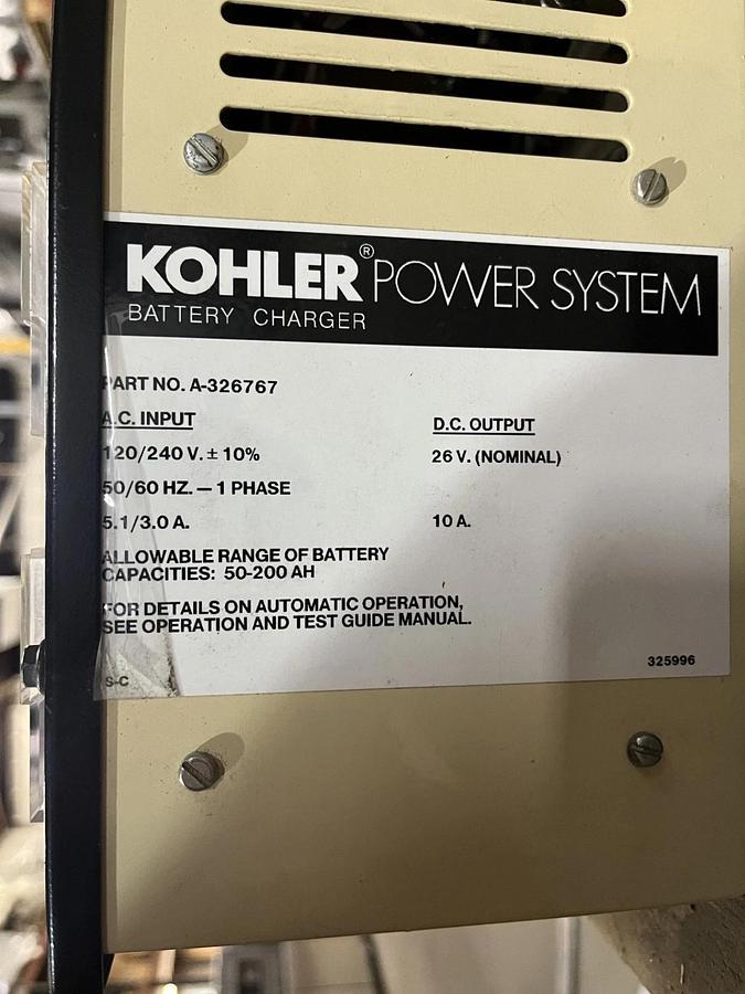 Used Used Kohler 120/240 VAC 26VDC Automatic Battery Charger - P/N: A-326767