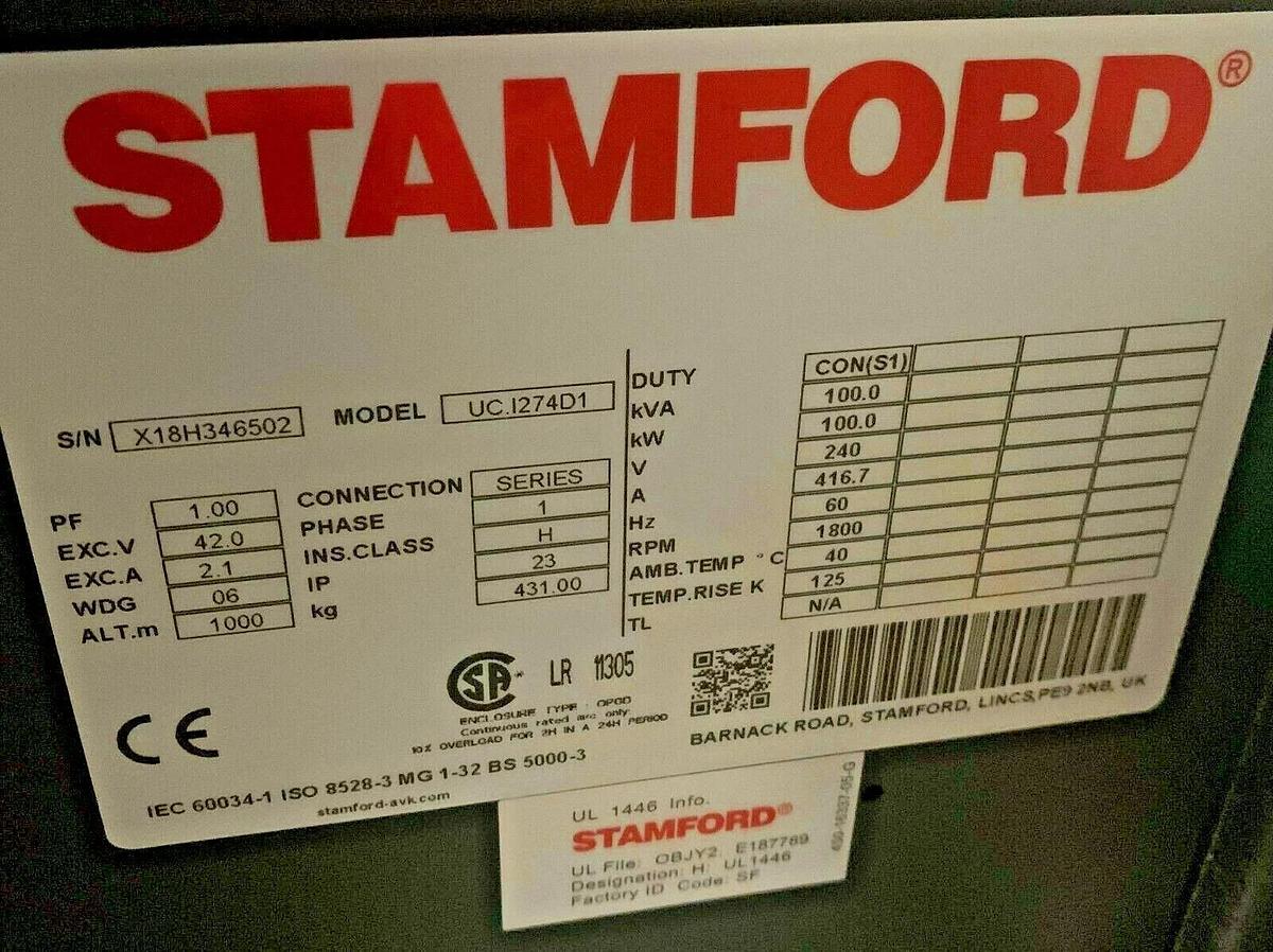 Used New 100kW Stamford Alternator Gen End UCI274D1 120/240V 1PH