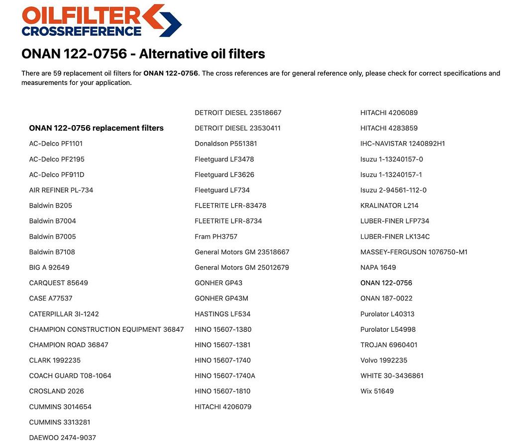 New Onan Generator Oil Filter 0122-0756 / 122-0756