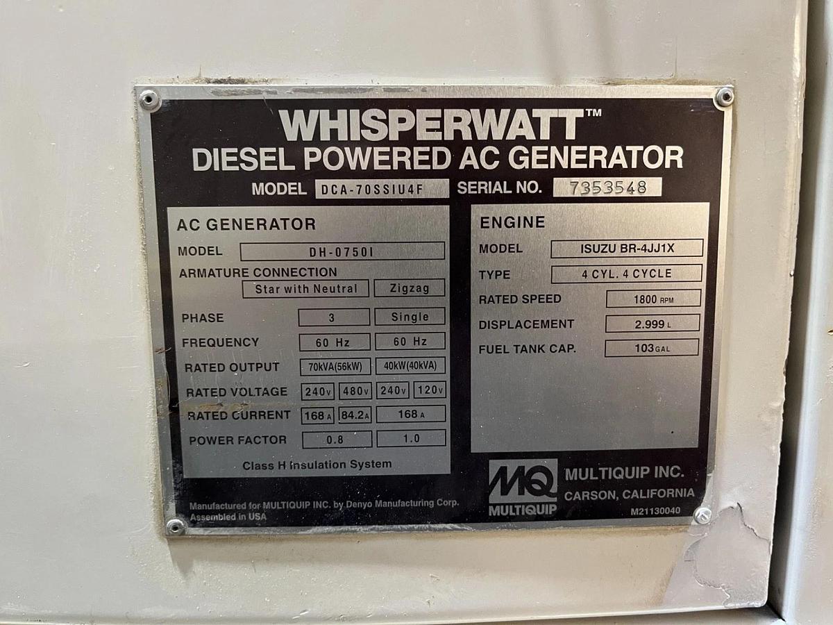 Used 70kva Multiquip DCA-70SSIU4F Mobile Diesel Generator - S/N: 7353548