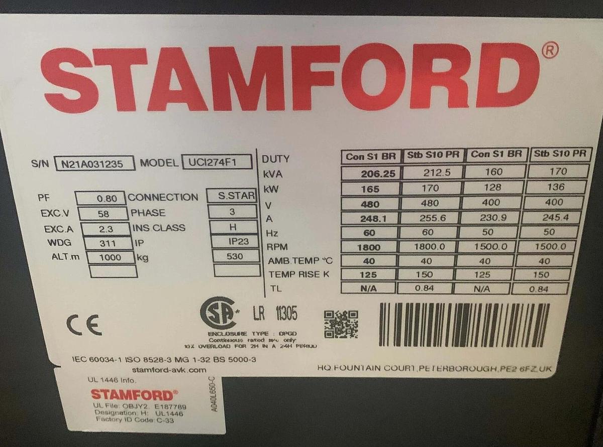 Used New 165kW Stamford UCI274F1 Alternator 480V or 208V 3PH | Winding 311