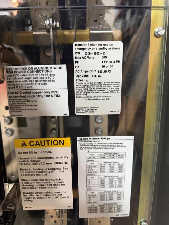 800A 208V Cummins OTECD Automatic Transfer Switch - E23M240584