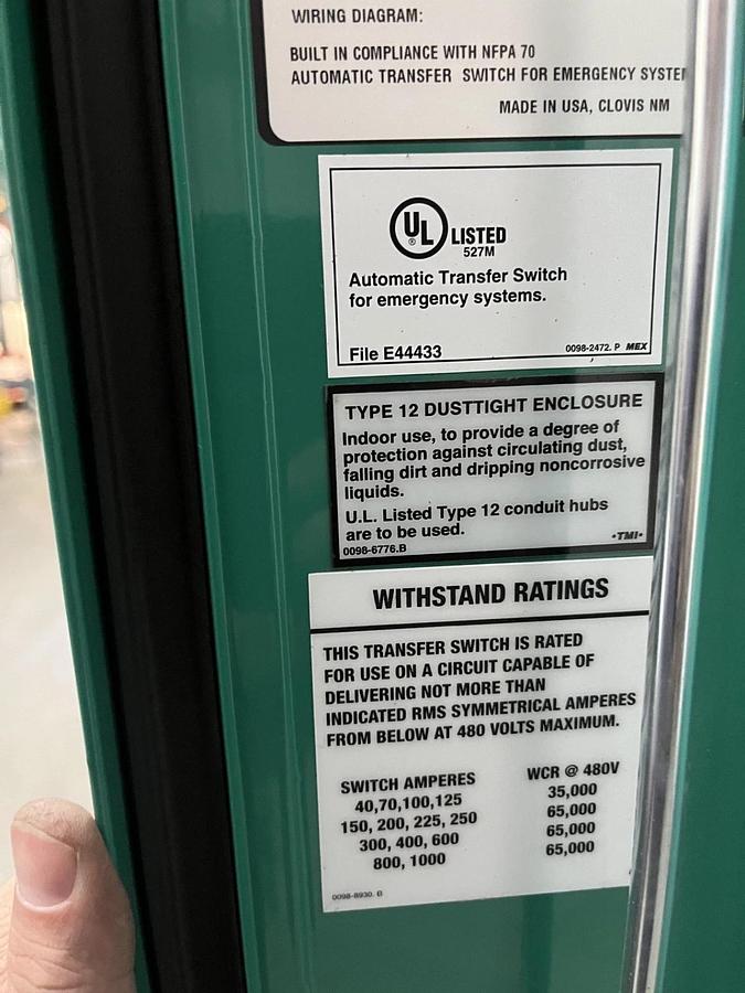 New 150 Amp 480V Cummins OTECSEB Spec. B - S/N: B18M323302