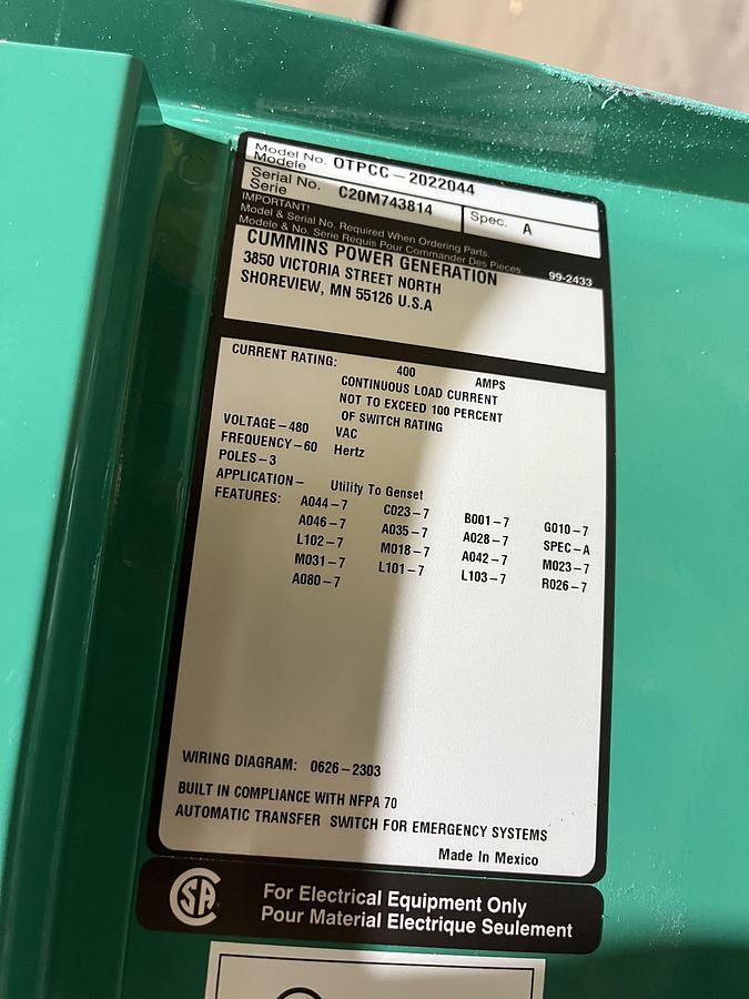 New 400 Amp 480 VAC Cummins OTPCC Spec. A Automatic Transfer Switch - S/N: C20M743814