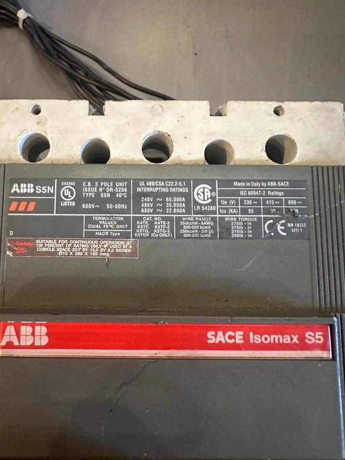 Used ABB SACE Isomax S5N 400 Amp Circuit Breaker - BAC2001880