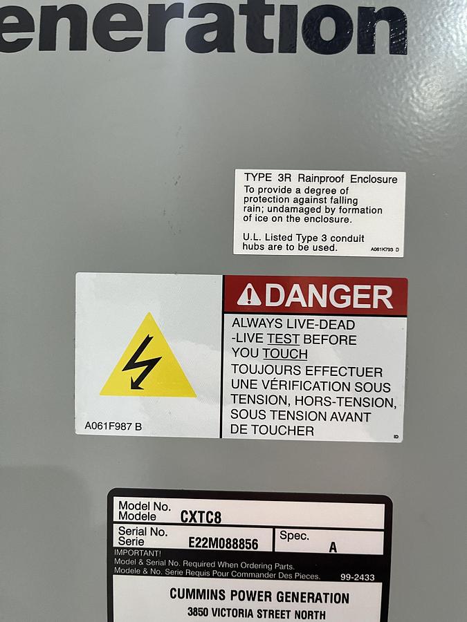 New 225A 480VAC Cummins CXTC8 Spec. A Automatic Transfer Switch - S/N: E22M088856