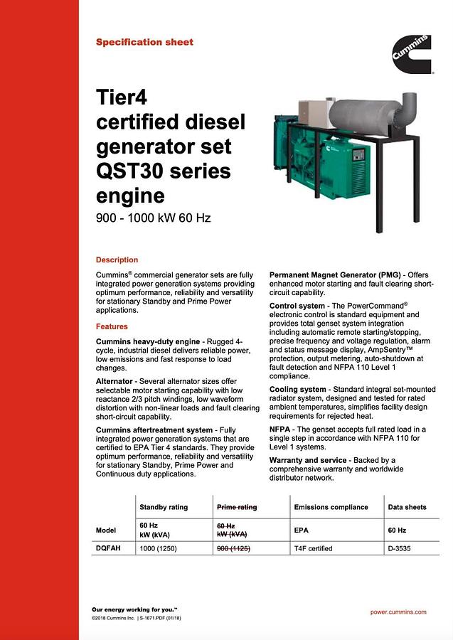 Used Used 1000kW Cummins DQFAH-QST30 (T4F) Stationary Diesel Generator Set