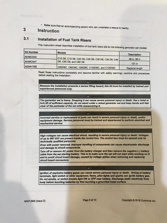 Cummins P/N: A048C547 | Generator Fuel Tank Risers | Kit, Fuel System