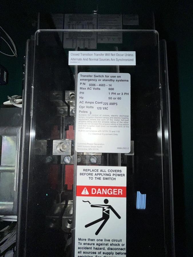 Used 225 Amp 208V Cummins CHPCB Spec. A Automatic Transfer Switch - S/N: J16M108379