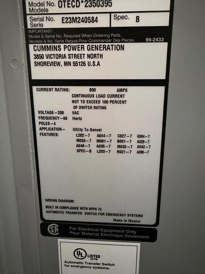 800A 208V Cummins OTECD Automatic Transfer Switch - E23M240584