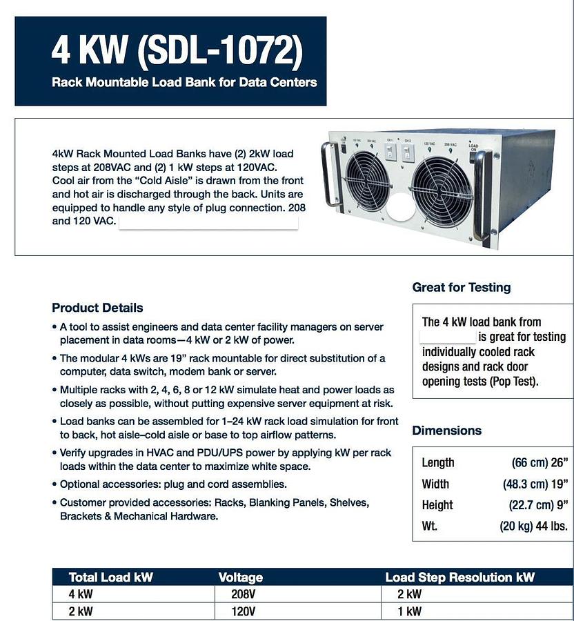 Used 4kW TDI Power SDL-1072 Rack Mountable Load Bank for Data Centers