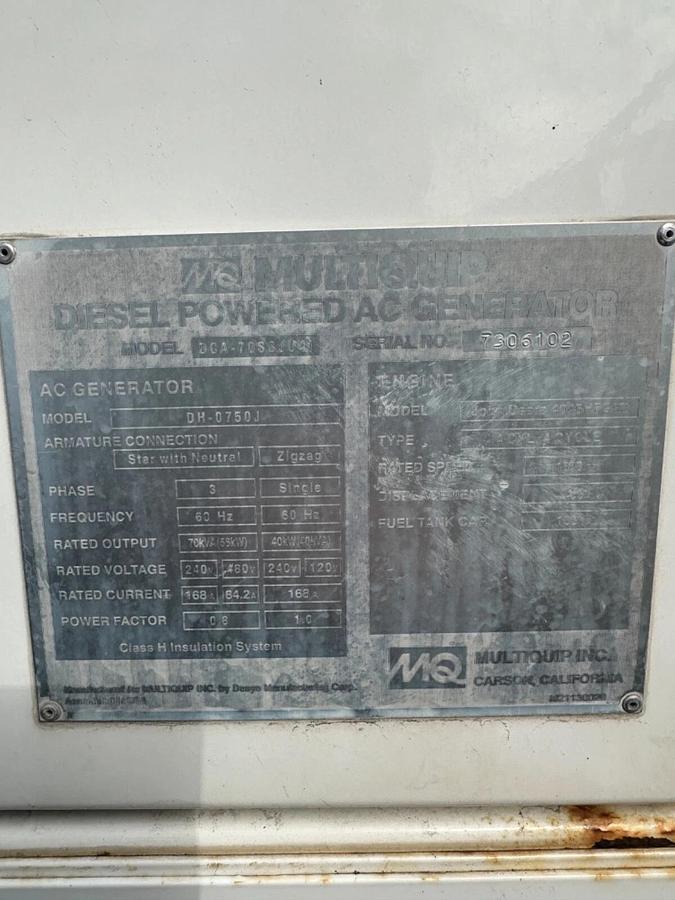 Used 70kVA Multiquip DCA-70SSJU4I Mobile Diesel Generator - S/N: 7306102