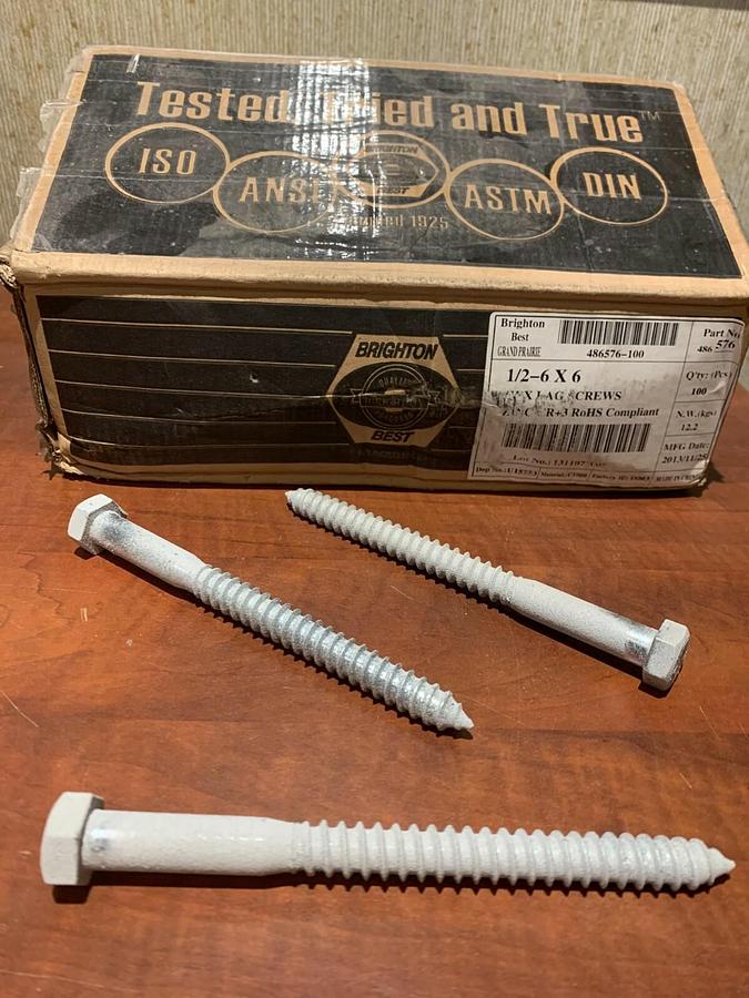 Used Brighton Best 1/2" x 6" Bulk Hex Zinc Lag Screws Bolts (150 Pack) PN 486576-100