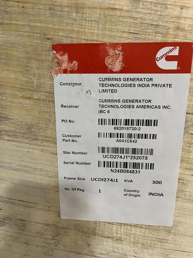 Used New 240kW (300kVA) Cummins / Stamford UCDI274J1 Alternator - P/N: A041C542