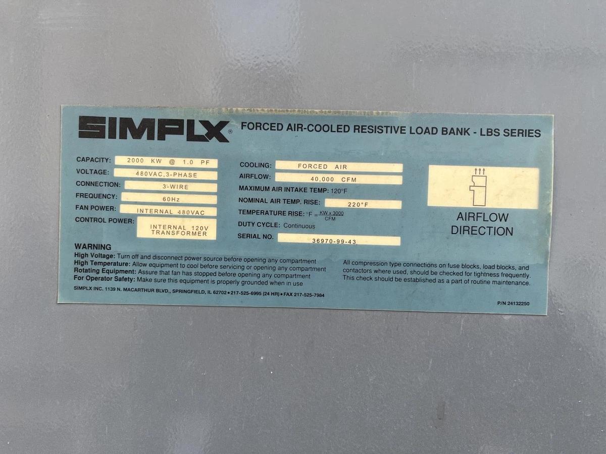 Used 2000kw Simplex LBS Forced Air-Cooled Resistive Load Bank S/N: 36970-99-43-17