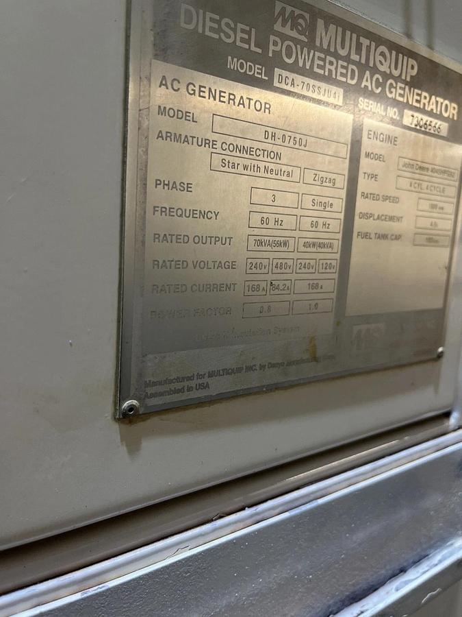 Used 70kva Multiquip DCA-70SSJU4I Mobile Diesel Generator - S/N: 7306566