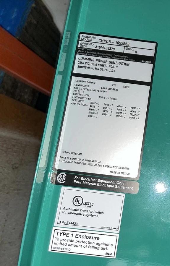 Used 225 Amp 208V Cummins CHPCB Spec. A Automatic Transfer Switch - S/N: J16M108379
