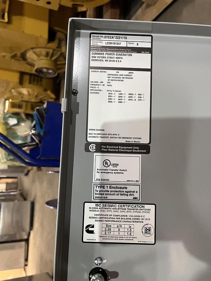 New 125A 480VAC Cummins OTECA Spec. B Automatic Transfer Switch