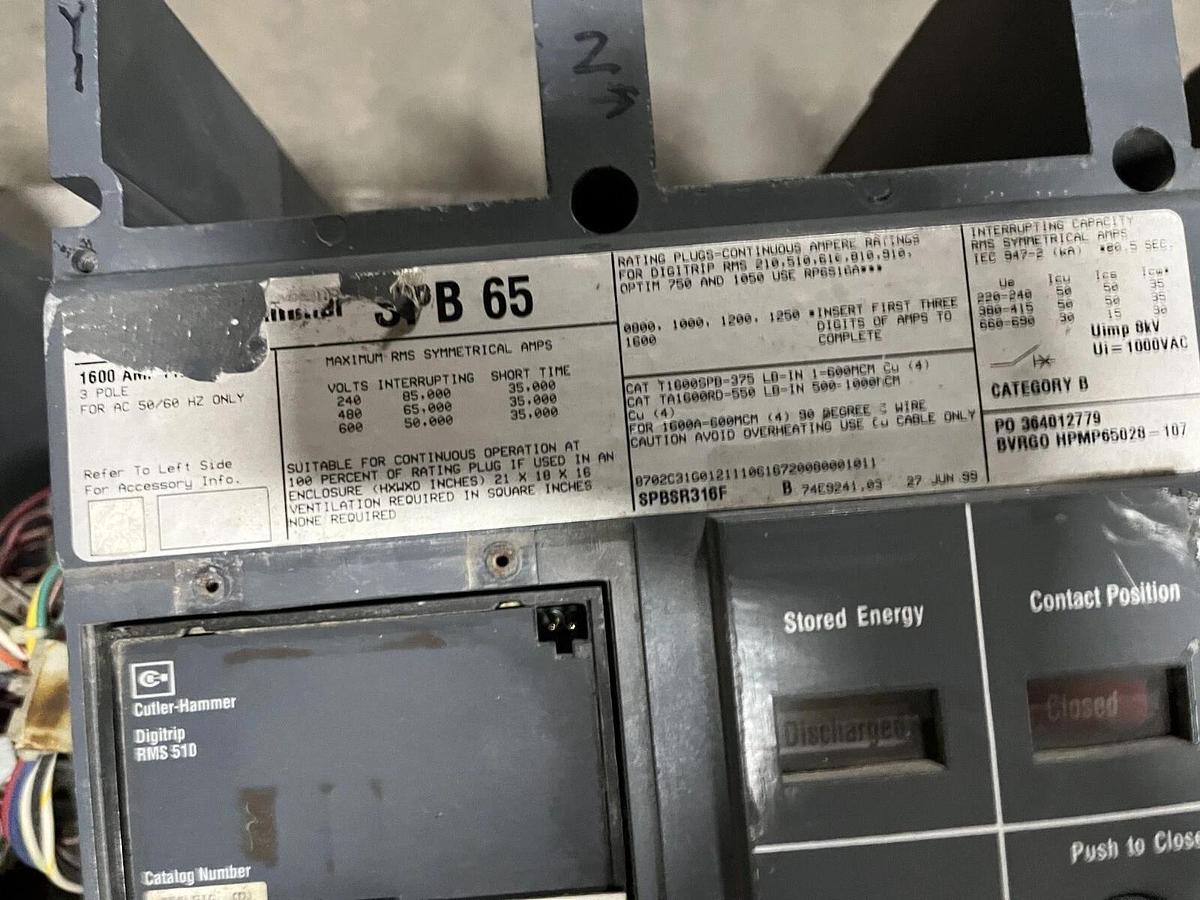Used Used Cutler-Hammer 1600 Amp 3-Pole SPB65 Circuit Breaker - SPBSR316F-B
