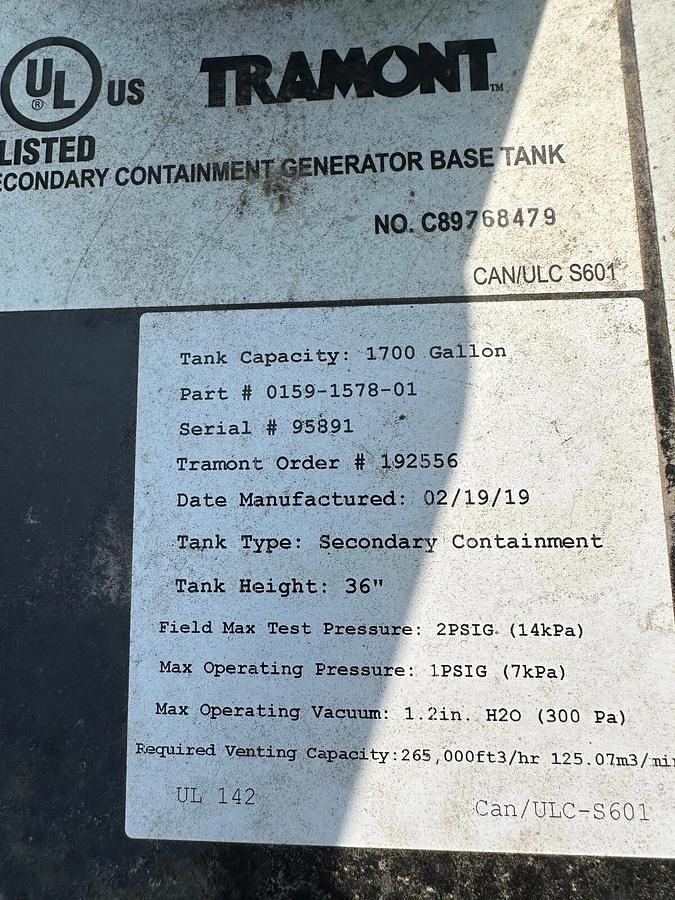 Used 1700 Gallon Cummins Diesel Fuel Tank 0159-1578-01