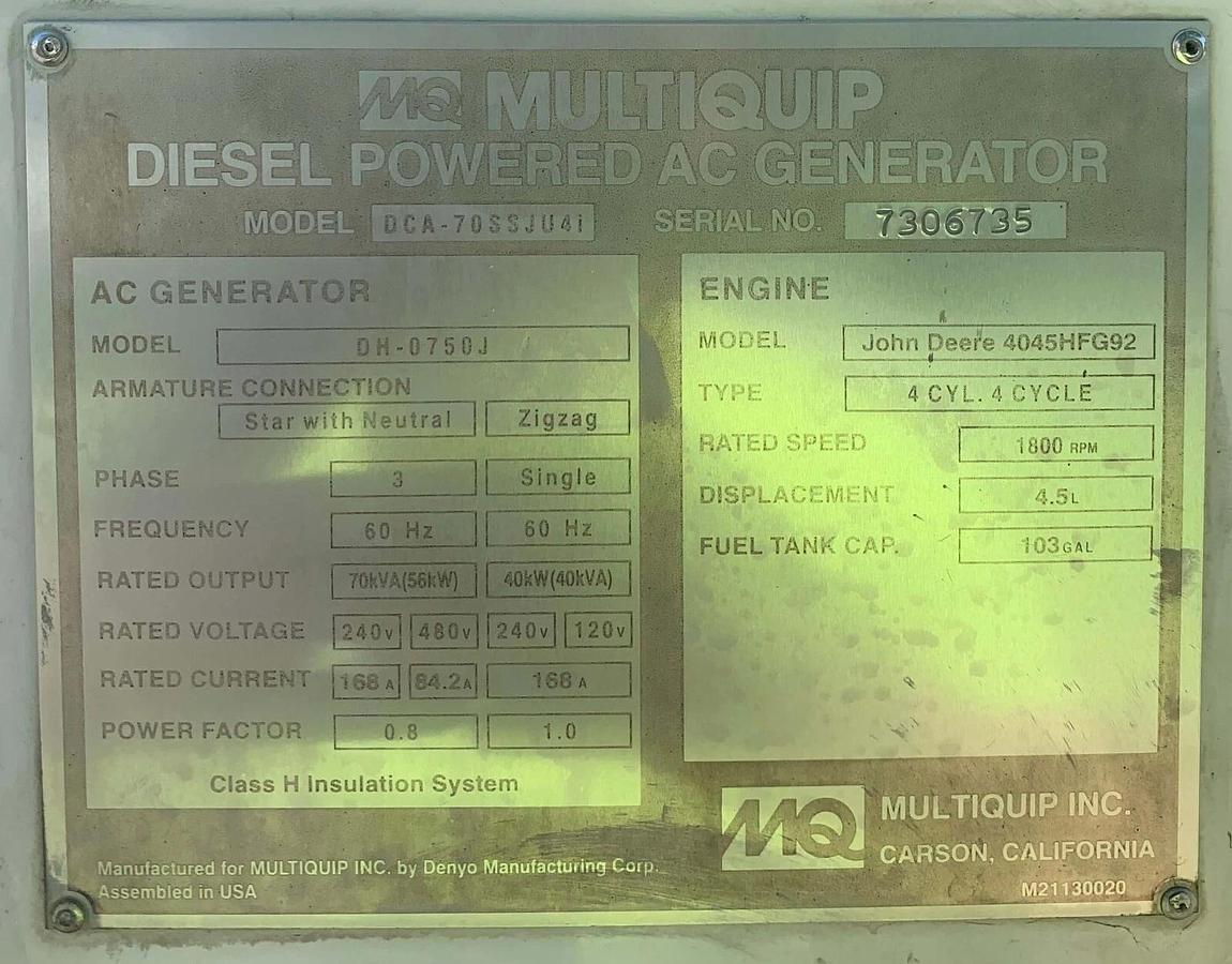 Used 70kVA Multiquip MQ Power Mobile Diesel Generator DCA-70SSJU4i | S/N: 7306735