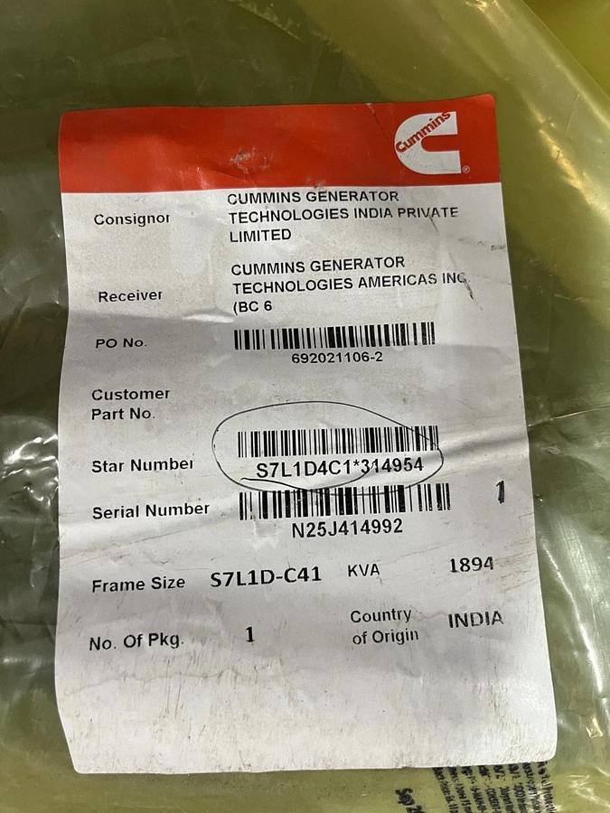 Used 1500kW (1894kVA) Stamford S7L1D-C41 Alternator