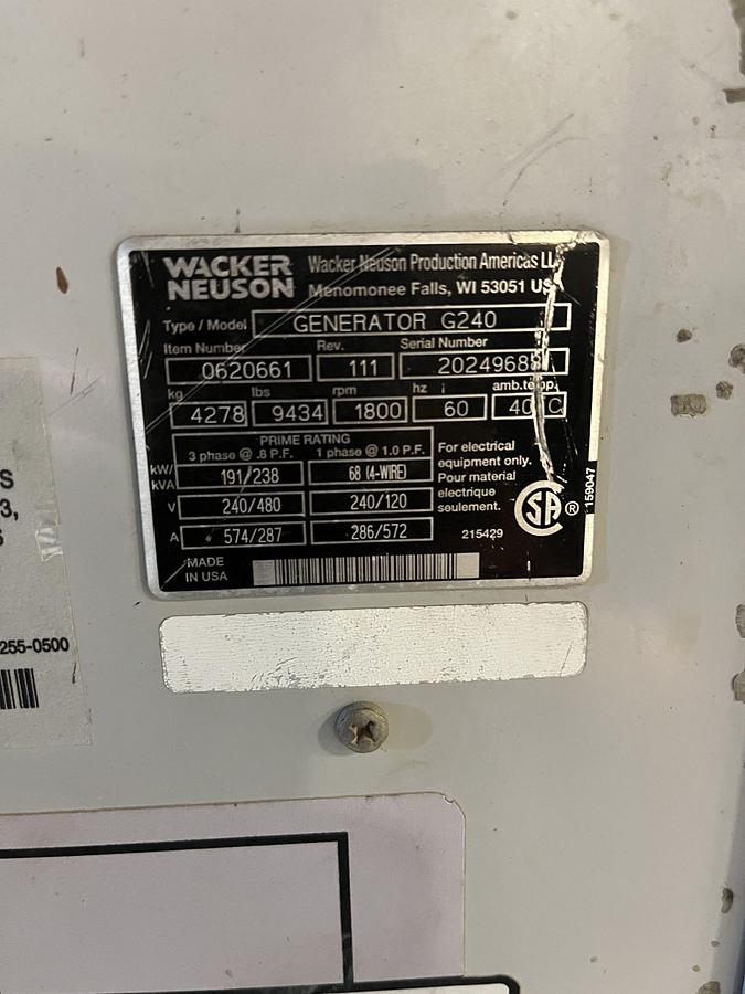 Used 240kVA Wacker Neuson G240 Mobile Diesel Generator - S/N: 20249688