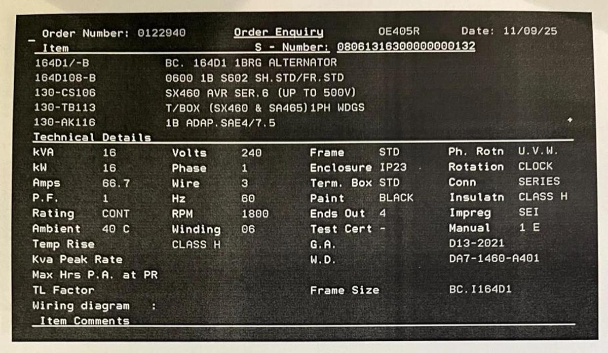 Used Used 6kW Stamford BCXI164A1 Alternator - S/N: C0066897-004