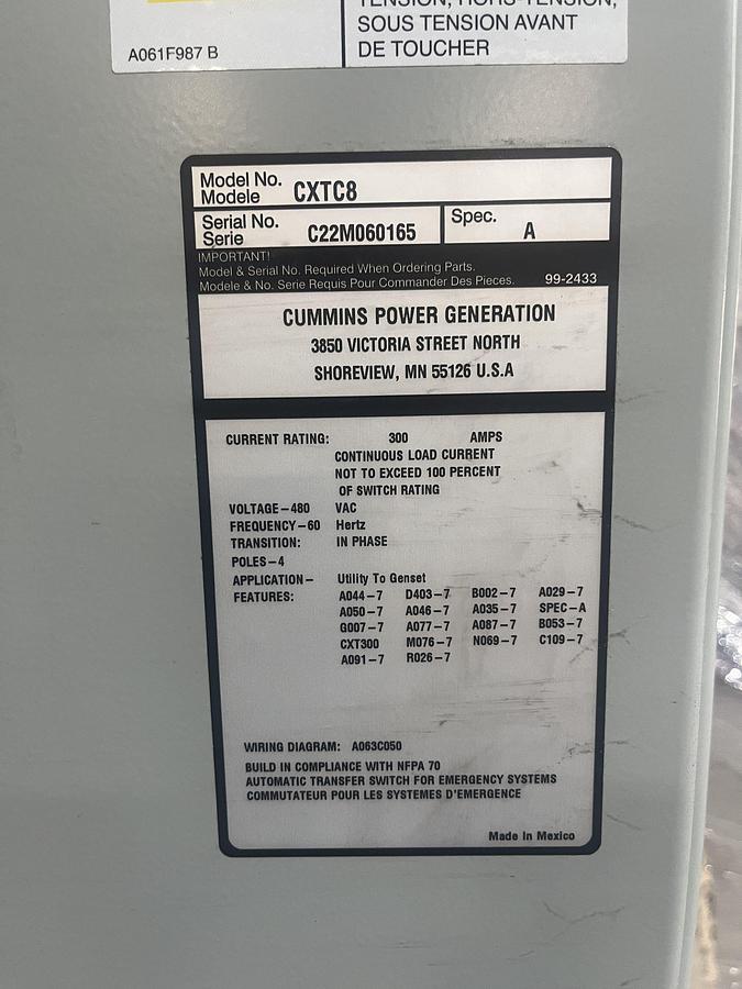 New 300 Amp 480VAC Cummins CXTC8 Spec. A Automatic Transfer Switch - S/N: C22M060165
