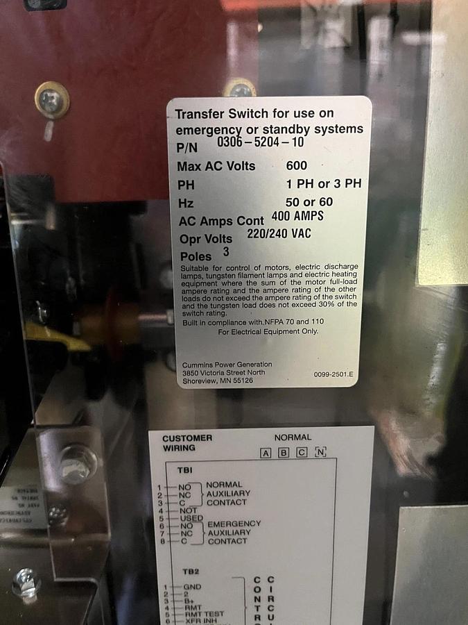 Used 400 Amp Cummins OTECSEC Spec. A Automatic Transfer Switch - S/N: H21M965465