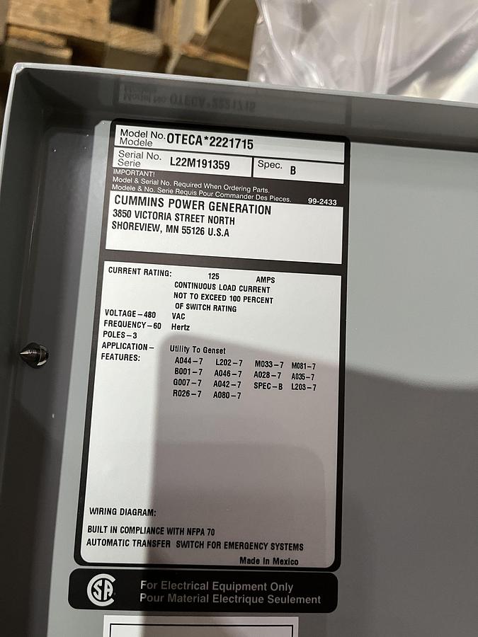 New 125A 480VAC Cummins OTECA Spec. B Automatic Transfer Switch